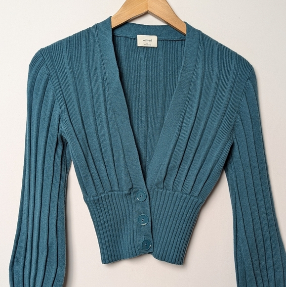 WILFRED Plunge Front Cardigan Wool Sweater Button Up Blue Green XS Aritzia - Picture 8 of 12